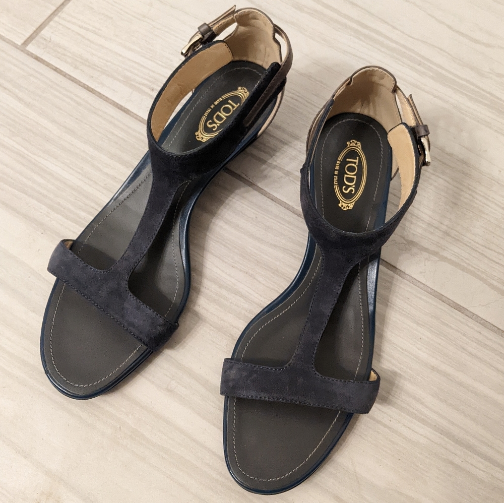 Tod's navy blue T-strap wedge ankle strap sandals shoes size 38